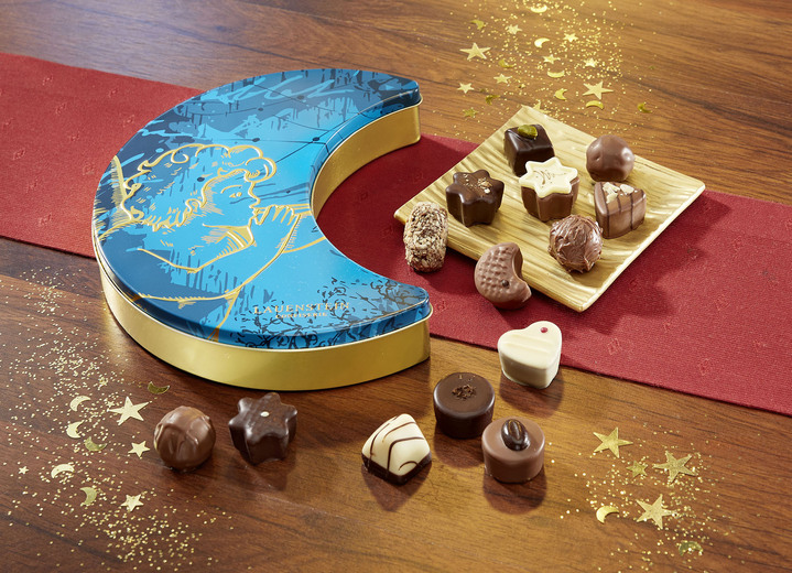 Weihnachtsleckereien - Präsentdose Mond mit ausgesuchten Spezialitäten, in Farbe TÜRKIS