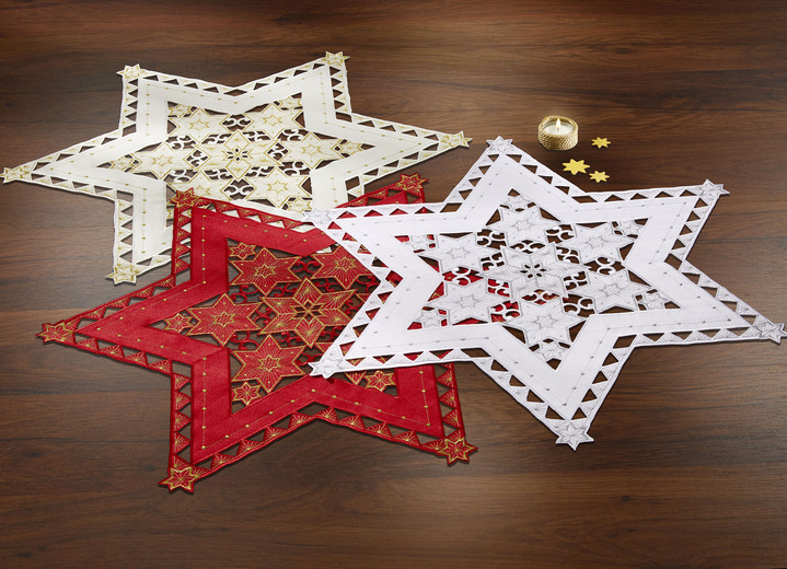 Tischdecken - Bestickte, festliche Tischdekoration, in Größe 120 (2 Sterne, ø 20 cm) bis 185 (Stern, ø 85 cm), in Farbe WEISS-SILBER Ansicht 2