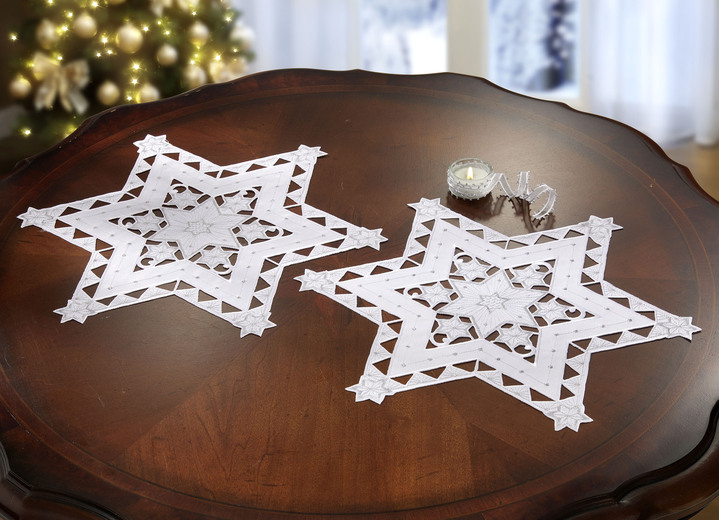 Tischdecken - Bestickte, festliche Tischdekoration, in Größe 120 (2 Sterne, ø 20 cm) bis 185 (Stern, ø 85 cm), in Farbe WEISS-SILBER Ansicht 4