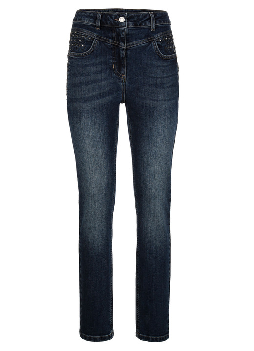 Hosen - Jeans mit Glitzersteinchen und Ziernähten, in Größe 019 bis 052, in Farbe BLAU Ansicht 1