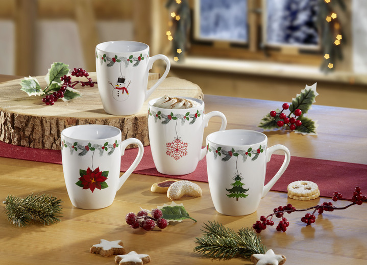 Weihnachten - Weihnachtstassen aus Steingut, 4er-Set, in Farbe WEISS-BUNT Ansicht 2