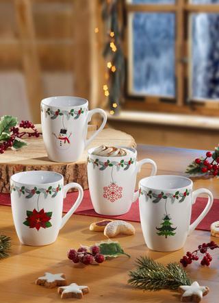 Weihnachten - Weihnachtstassen aus Steingut, 4er-Set, in Farbe WEISS-BUNT