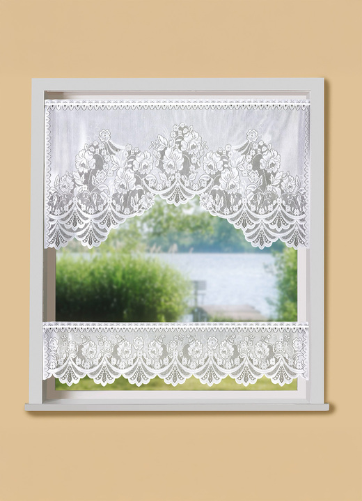 Kurzgardinen - Fensterset, 2-teilig, mit Stangendurchzug, in Größe 309 (H75xB120 cm + H28xB120 cm) bis 315 (H75xB150 cm + H28xB150 cm), in Farbe WEISS