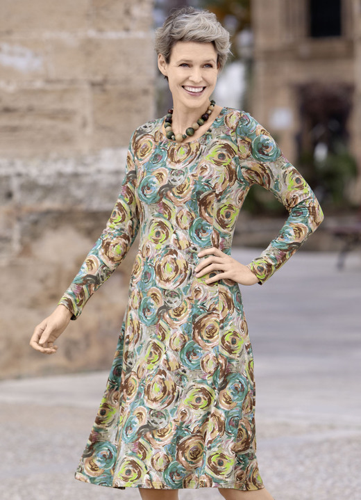 Damenmode - Kleid mit schwingendem Rockteil, in Größe 036 bis 052, in Farbe PETROL-PISTAZIE-BRAUN