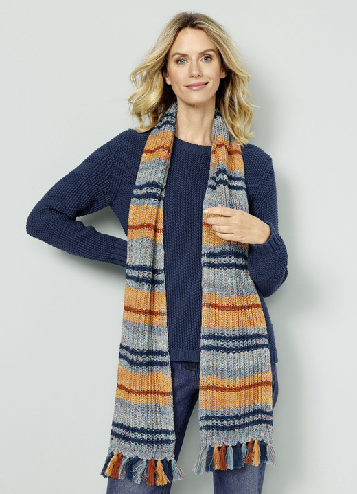 Langarm - Pullover mit Schal in Grobstrick, in Größe 038 bis 052, in Farbe PETROL-COGNAC-MINT Ansicht 1