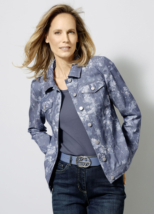 Kurz - Jeansjacke mit Knopfleiste, in Größe 038 bis 052, in Farbe BLAU-WEISS Ansicht 2