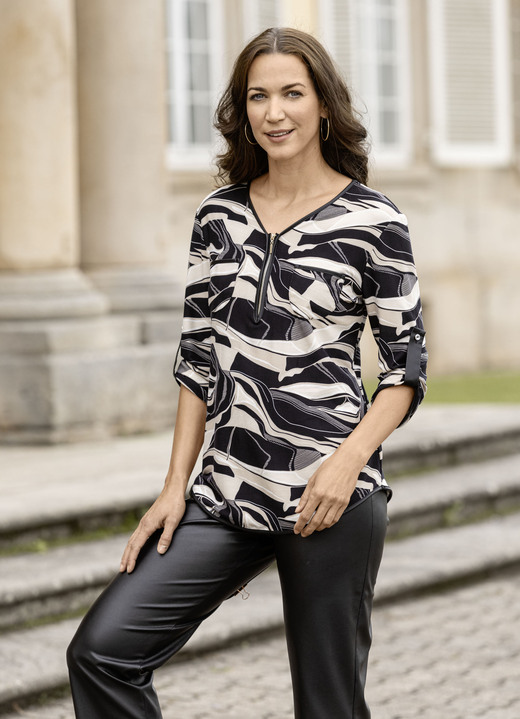 Tuniken - Shirt-Tunika mit Lederimitat-Besatz, in Größe 036 bis 052, in Farbe SCHWARZ-SAND-CREMEWEISS