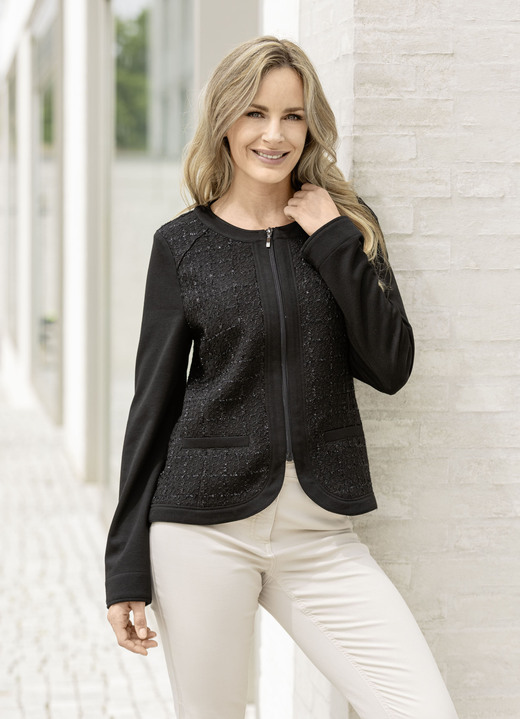 Blusen - Blusenjacke mit dekorativer Blende, in Größe 036 bis 050, in Farbe SCHWARZ