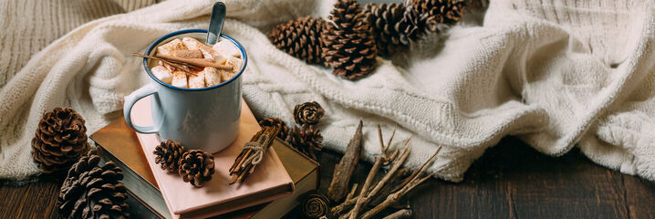 Stimmungsbild mit Hei&szlig;getr&auml;nk, Walddekoration und Kuscheldecke