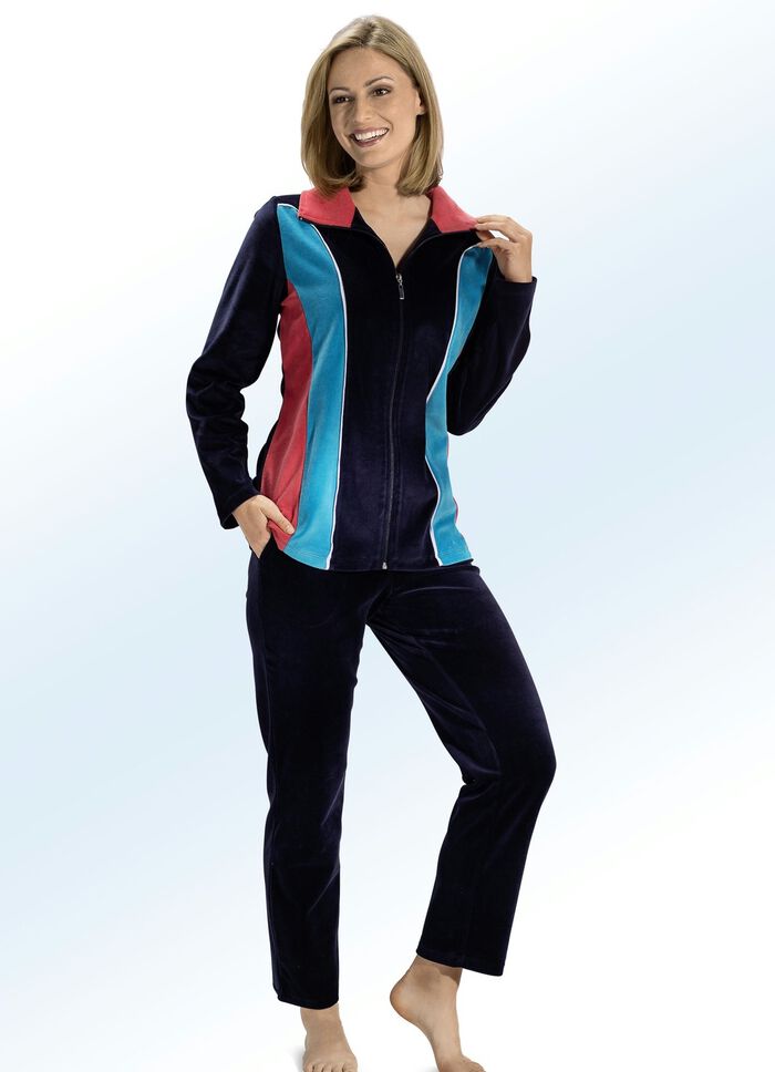 Hausanzug mit kontrastfarbenen Eins&auml;tzen 