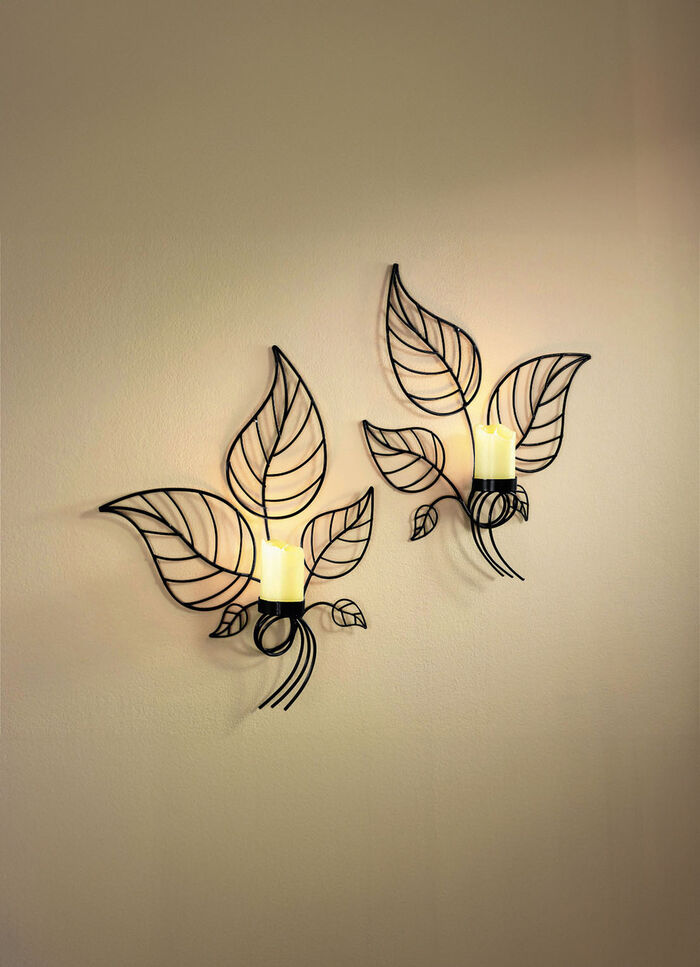 Wandkerzenhalter, 2er-Set, mit LED-Echtwachskerzen 