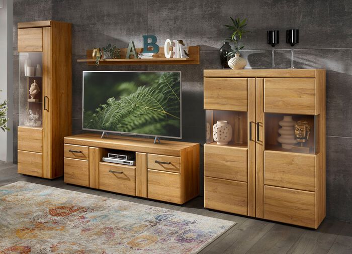 Wohnwand mit T&uuml;ren und Schubladen mit Softclose EICHE HELL