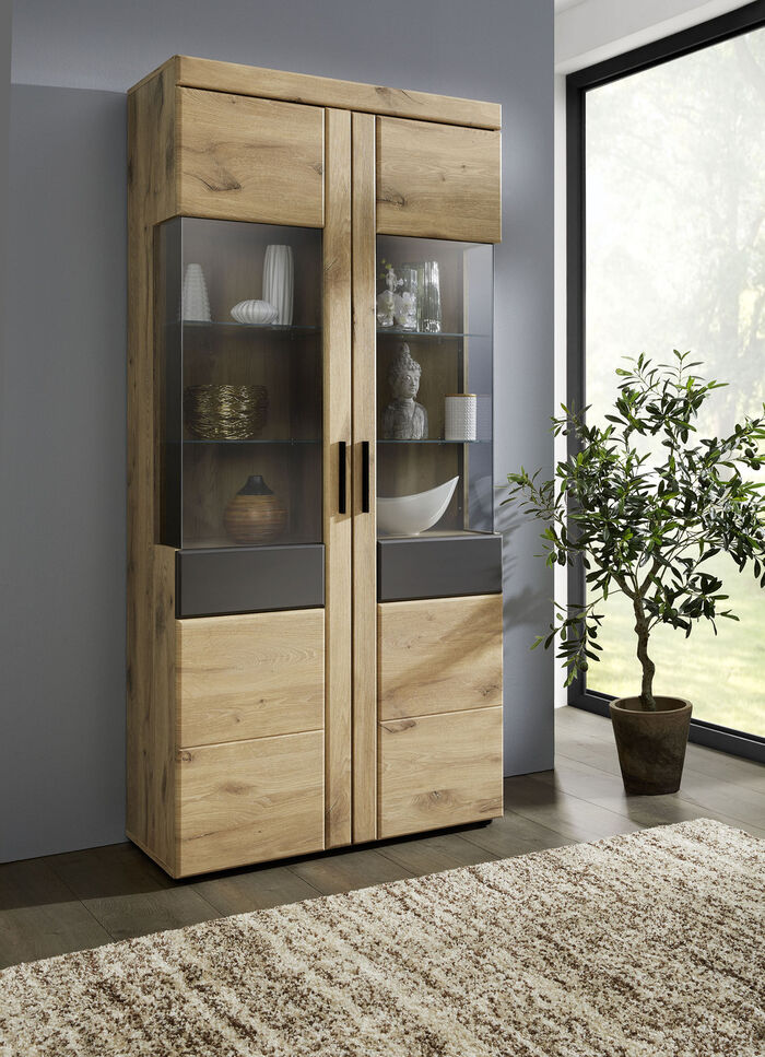 Vitrine mit anthrazitfarbenen Elementen EICHE-ANTHRAZIT