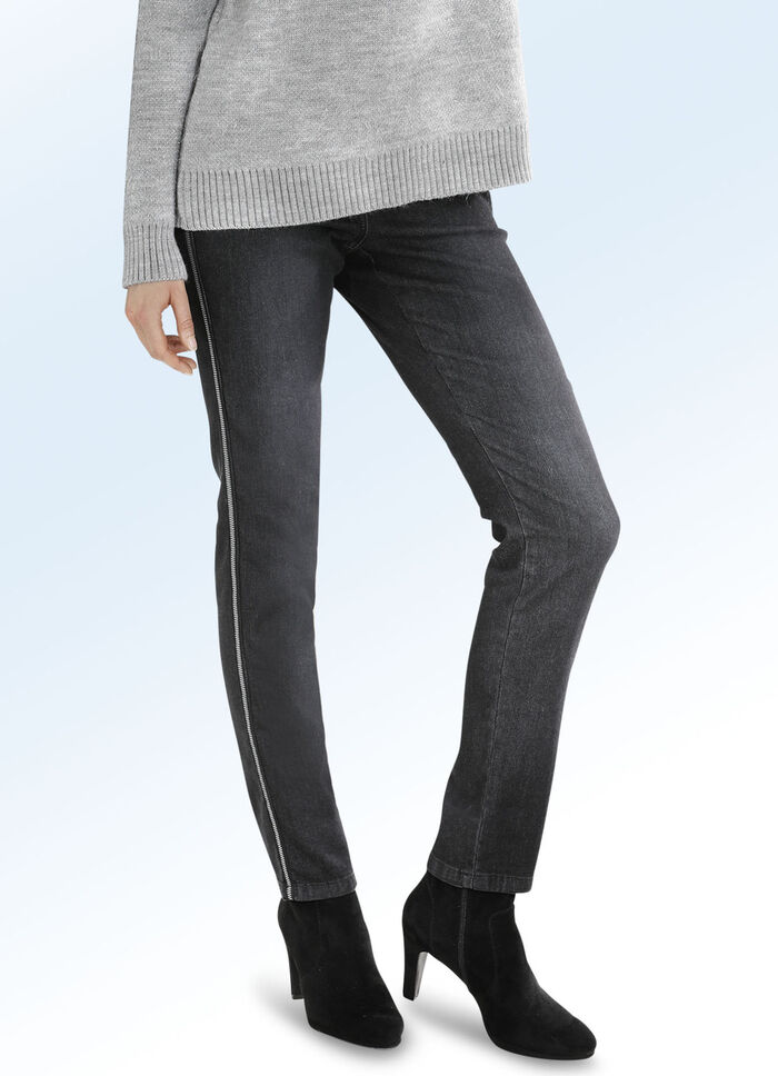 Jeans mit Zierband in Rei&szlig;verschluss-Optik ANTHRAZIT