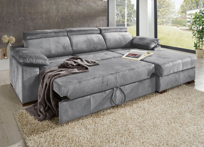 Polsterecke mit Bettfunktion und verstellbaren Kopfst&uuml;tzen GRAU