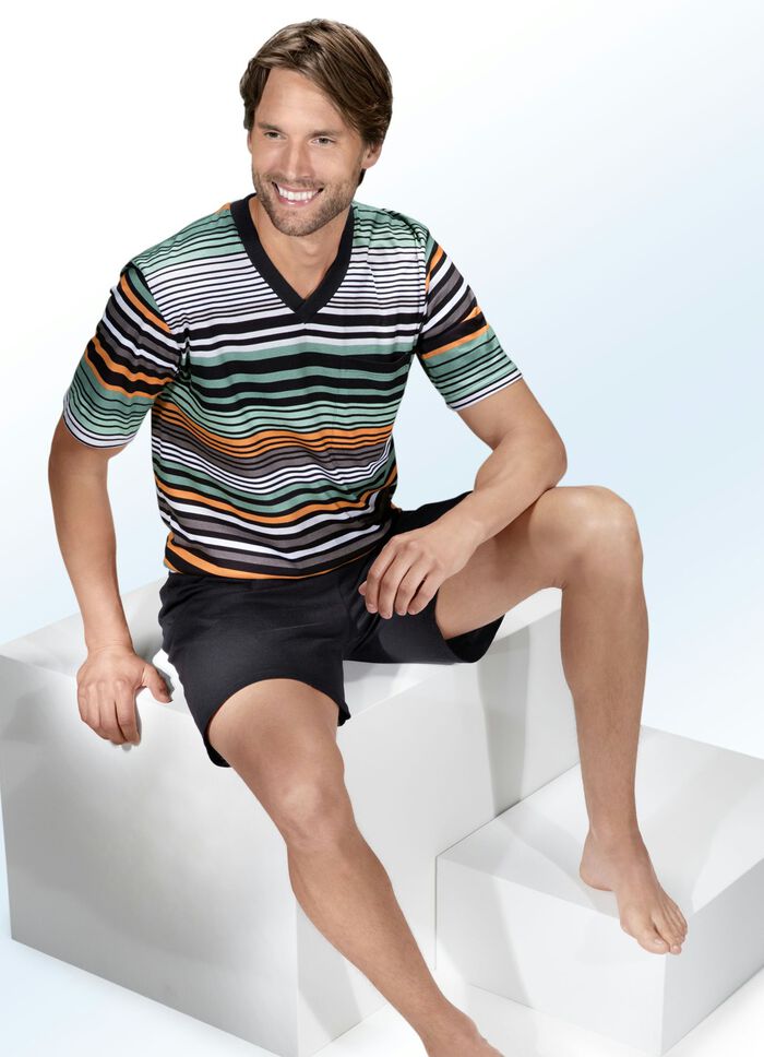 Shorty mit V-Ausschnitt, Brusttasche und Ringeldessin GR&Uuml;N-ORANGE-SCHWARZ