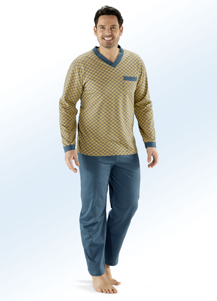 Schlafanzug mit V-Ausschnitt und aufgesetzter Brusttasche 