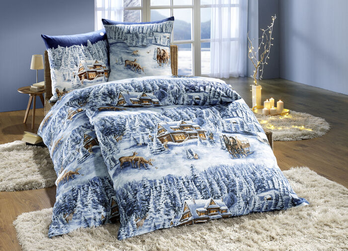 Beidseitig bedruckte Bettwäsche-Garnitur in Biber-Qualität 