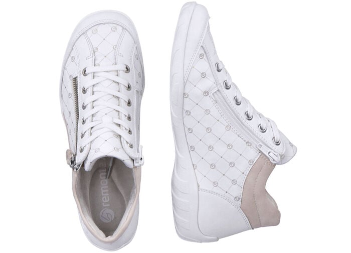 Remonte Schn&uuml;r-Bootie aus bedrucktem und metallisch schimmerndem Synthetikmaterial WEISS-PUDERROS&Eacute;