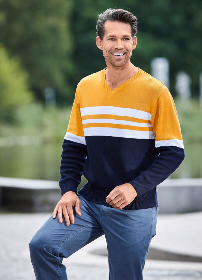 Modischer V-Pullover MARINE-OCKER-WEISS