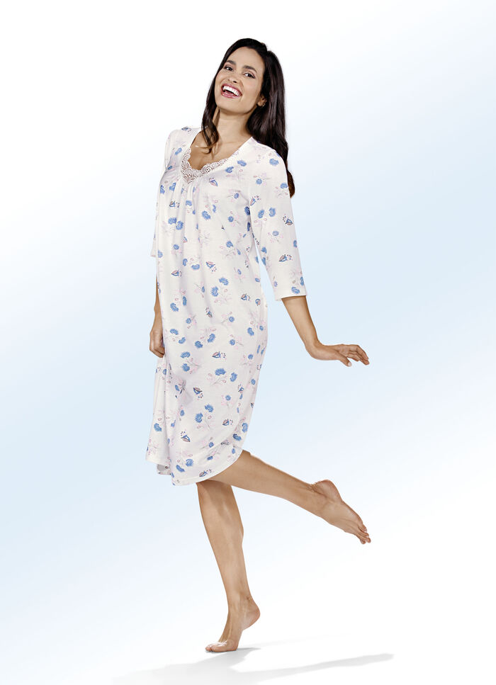 Dreierpack Nachthemden, 3/4-lange &Auml;rmel mit Spitze am Ausschnitt hellblau/rosa/ecru