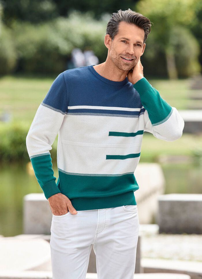 Angesagter Rundhalspullover ECRU-JEANSBLAU-PETROL