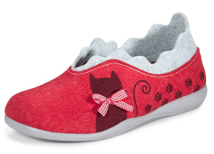 Laurina Filz-Hausschuh mit frechem Katzendruck ROT-HELLGRAU
