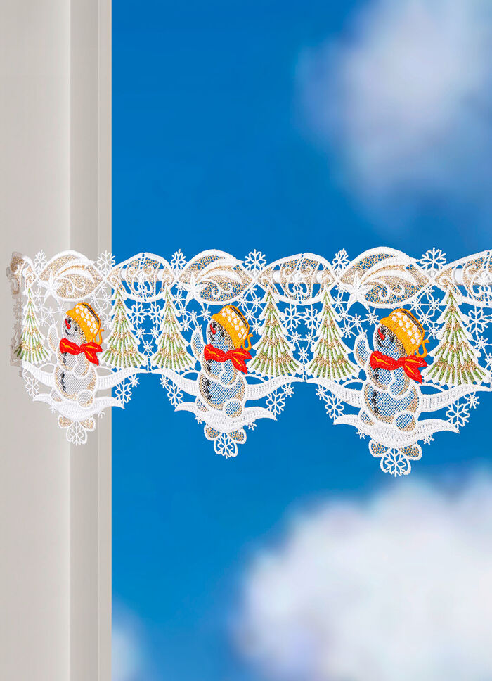Stangendekoration mit Schneemann-Motiv aus echter Plauener Spitze 