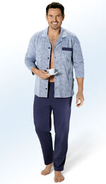 Schlafanzug, durchgeknöpft, mit Reverskragen und Brusttasche MARINE-BLAU