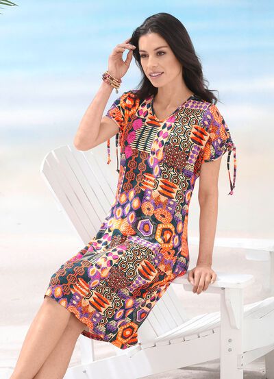 Laurina Kleid mit farbbrillantem Druckdessin und kurzen &Auml;rmeln 