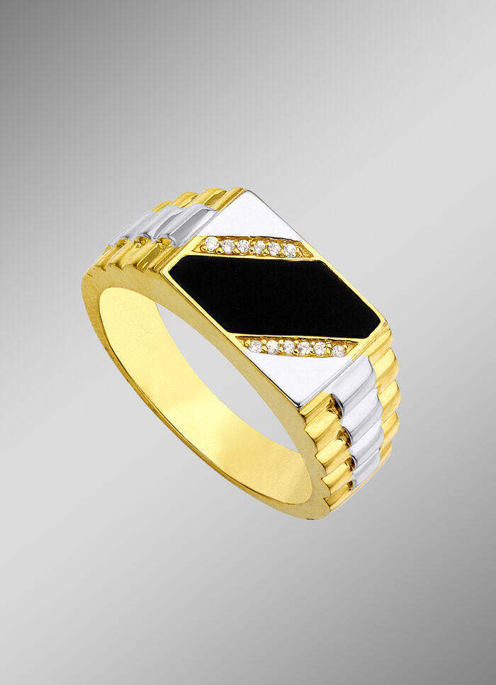 Herrenring in Bicolor mit Zirkonia und echt Onyx 