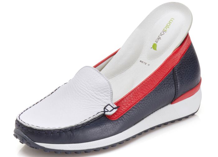 Waldl&auml;ufer, klassische Damen-Slipper, Weite H, mit herausnehmbarem Fu&szlig;bett BLAU-WEISS-ROT
