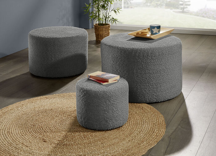 Hockerset, 3-teilig, mit angenehm flauschigem Stoff ANTHRAZIT