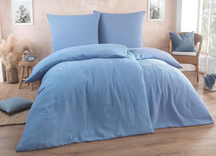 Weiche Bettw&auml;sche-Garnitur in hochwertiger Musselin-Qualit&auml;t BLAU