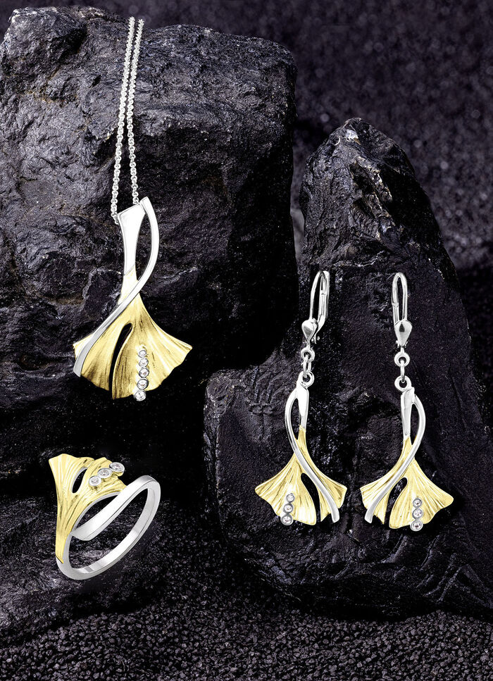 Ohrringe Ginkgoblatt in Bicolor mit synth. Zirkonia 