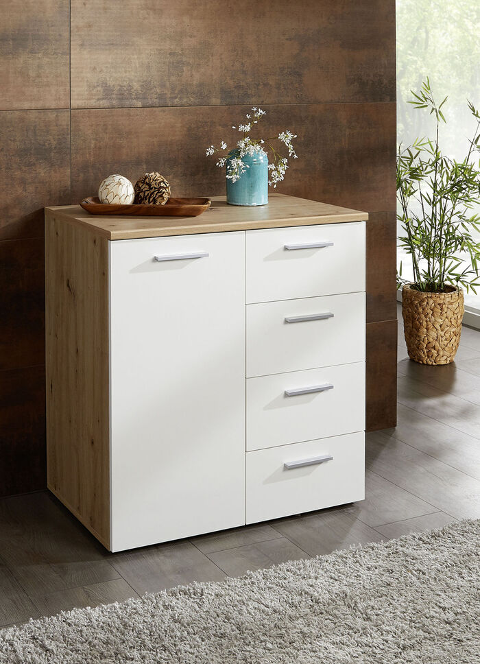 Kombifreundliche Kommodenserie mit metallfarbenen Kunststoffgriffen WEISS-ARTISAN EICHE