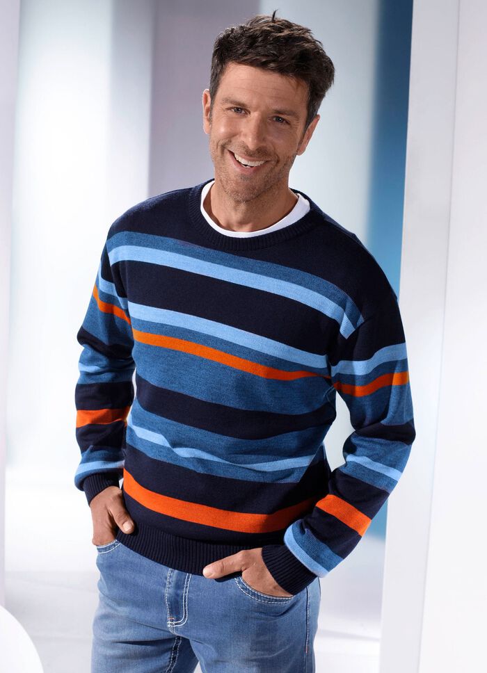 Legerer Rundhalspullover MARINE-JEANSBLAU-ORANGE GESTREIFT