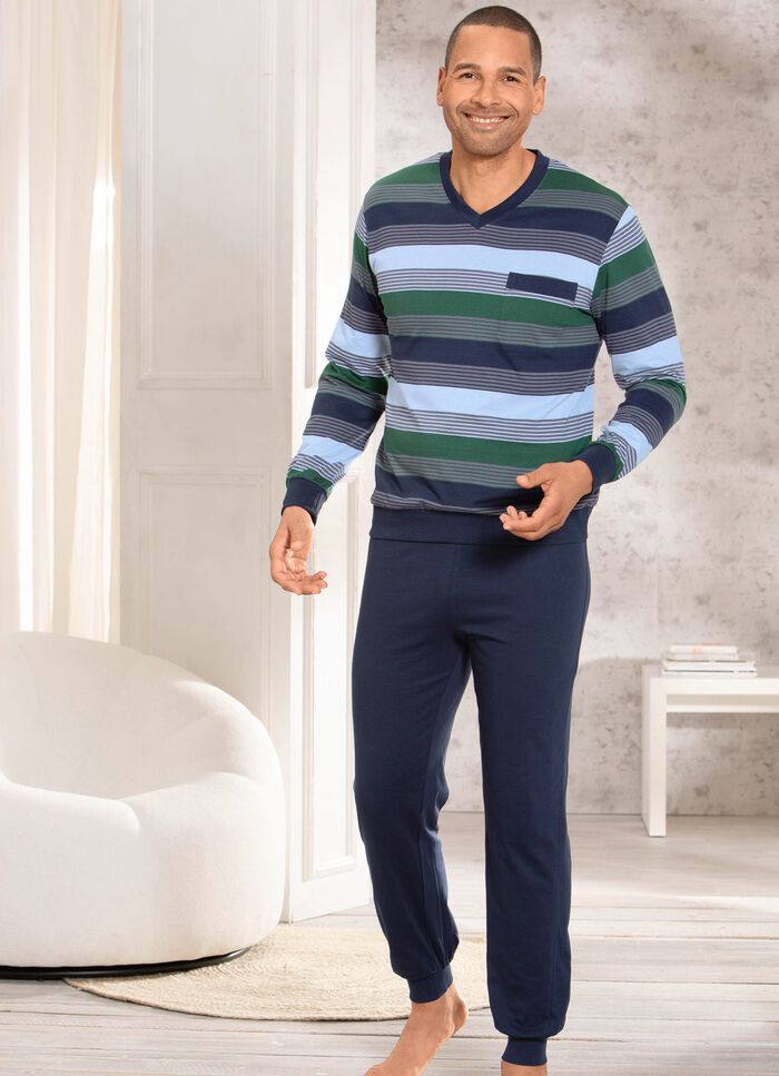 Zweierpack Schlafanz&uuml;ge mit V-Ausschnitt und aufgesetzter Brusttasche in Ringeldessin 