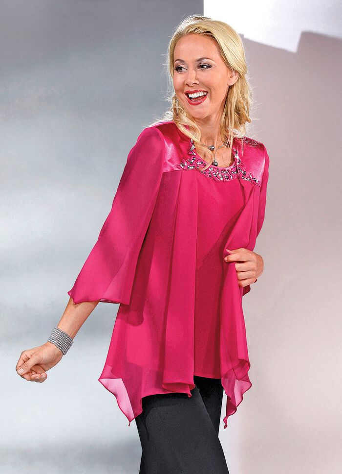 2-teiliges Blusen-Set mit glänzendem Satin-Besatz FUCHSIA