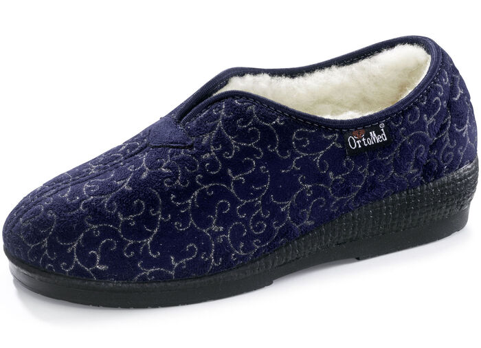 Hausschuh aus glänzend bedrucktem Veloursmaterial MARINE