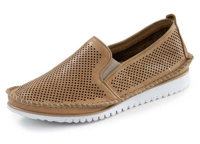 Andrea Conti, sommerliche Damen-Slipper, Weite G, mit herausnehmbarem Fußbett COGNAC