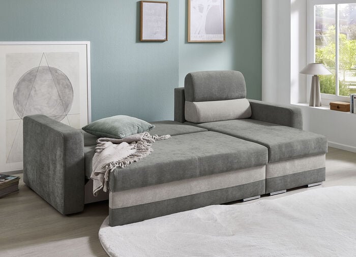 Komfortable Polsterecke mit Bettfunktion GRAU-HELLGRAU