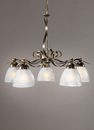 Formschöne Pendelleuchte, 5-flammig aus Eisen und Glas 