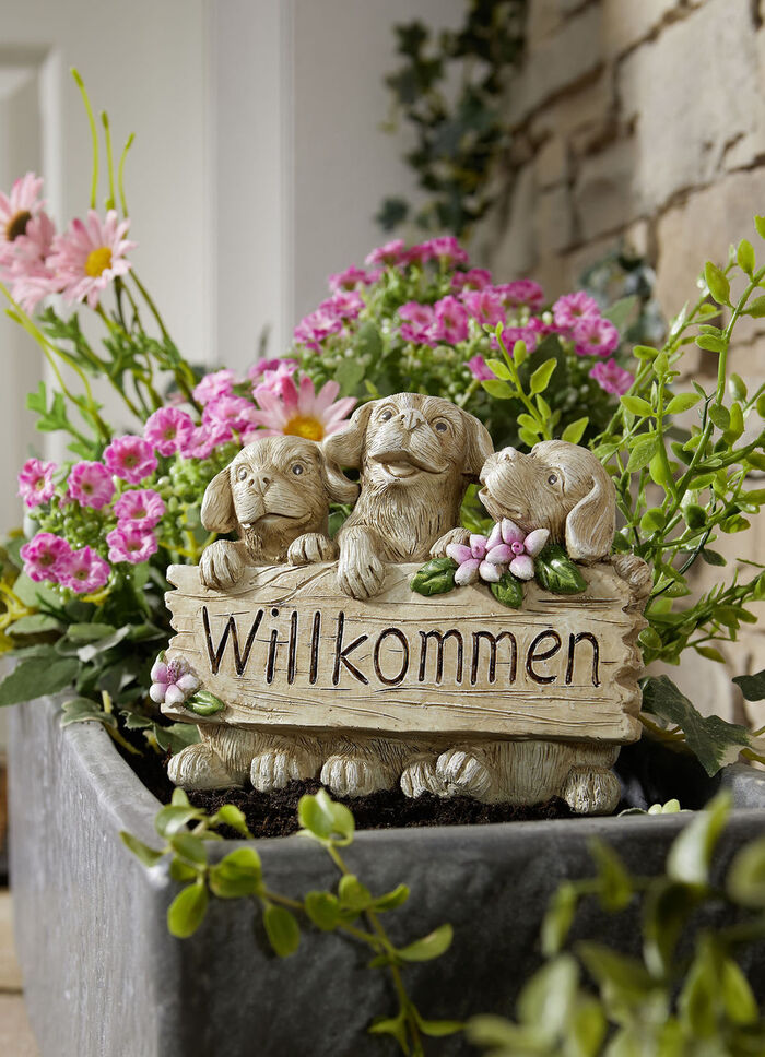 Willkommen mit Hunde,- oder Katzen aus Polyresin GRAU