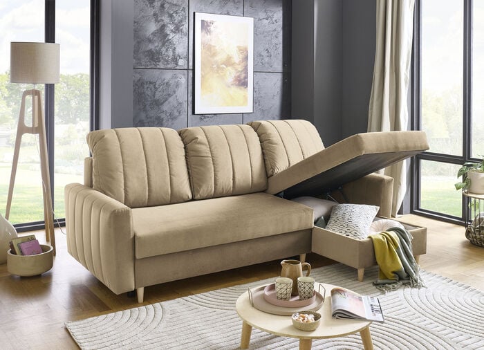 Polsterecke mit Bettfunktion und Bettkastenn BEIGE