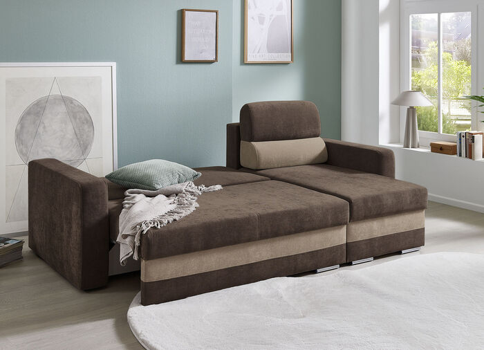 Komfortable Polsterecke mit Bettfunktion BRAUN-BEIGE