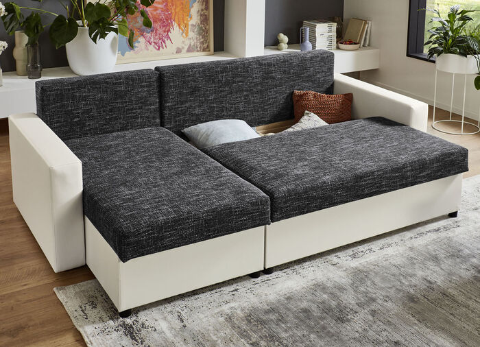 Frei im Raum aufstellbare Polsterecke mit Hocker WEISS-GRAU