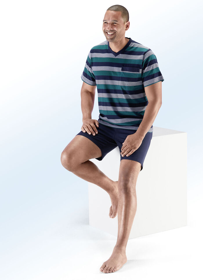 Zweierpack Shortys mit V-Ausschnitt, Brusttasche, garngefärbtem Ringeldessin 