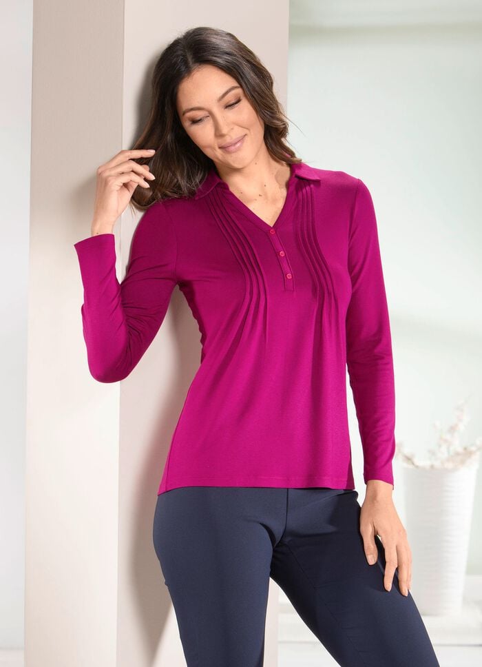 Poloshirt mit kurzer Zierknopfleiste in 3 Farben FUCHSIA