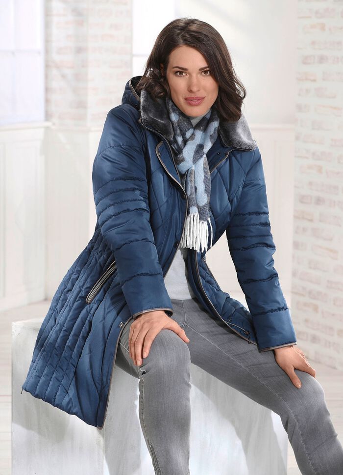 Kurzmantel mit kontrastfarbenen Nappaleder-Imitatbändchen DUNKELBLAU